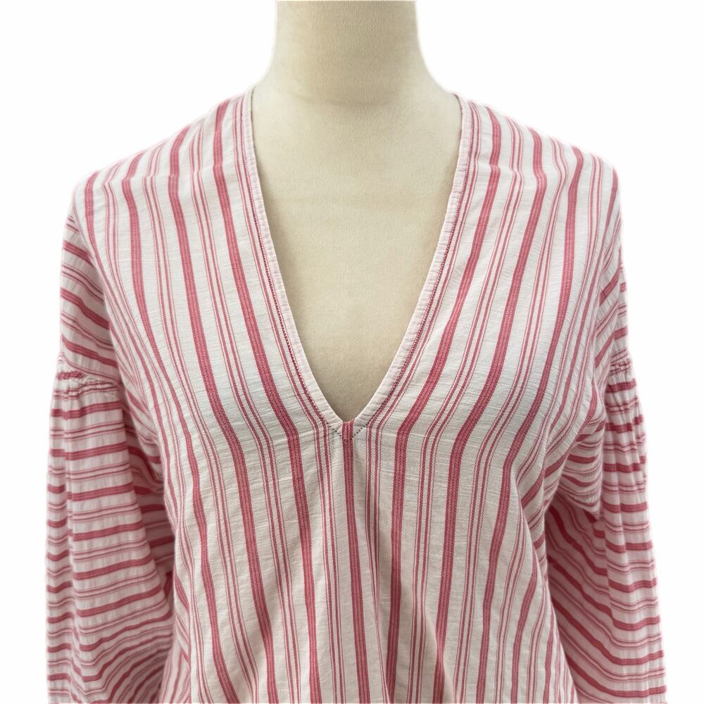 Vince Red & White Variegated Stripe 100% Cotton Long Sleeve V-Neck Blouse Top - Picture 4 of 11